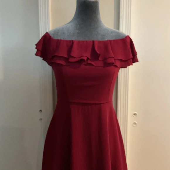 🖤 Lulu’s Win Your Heart Off the Shoulder Wine Red Ruffle Mini Skater Dress - Picture 3 of 5